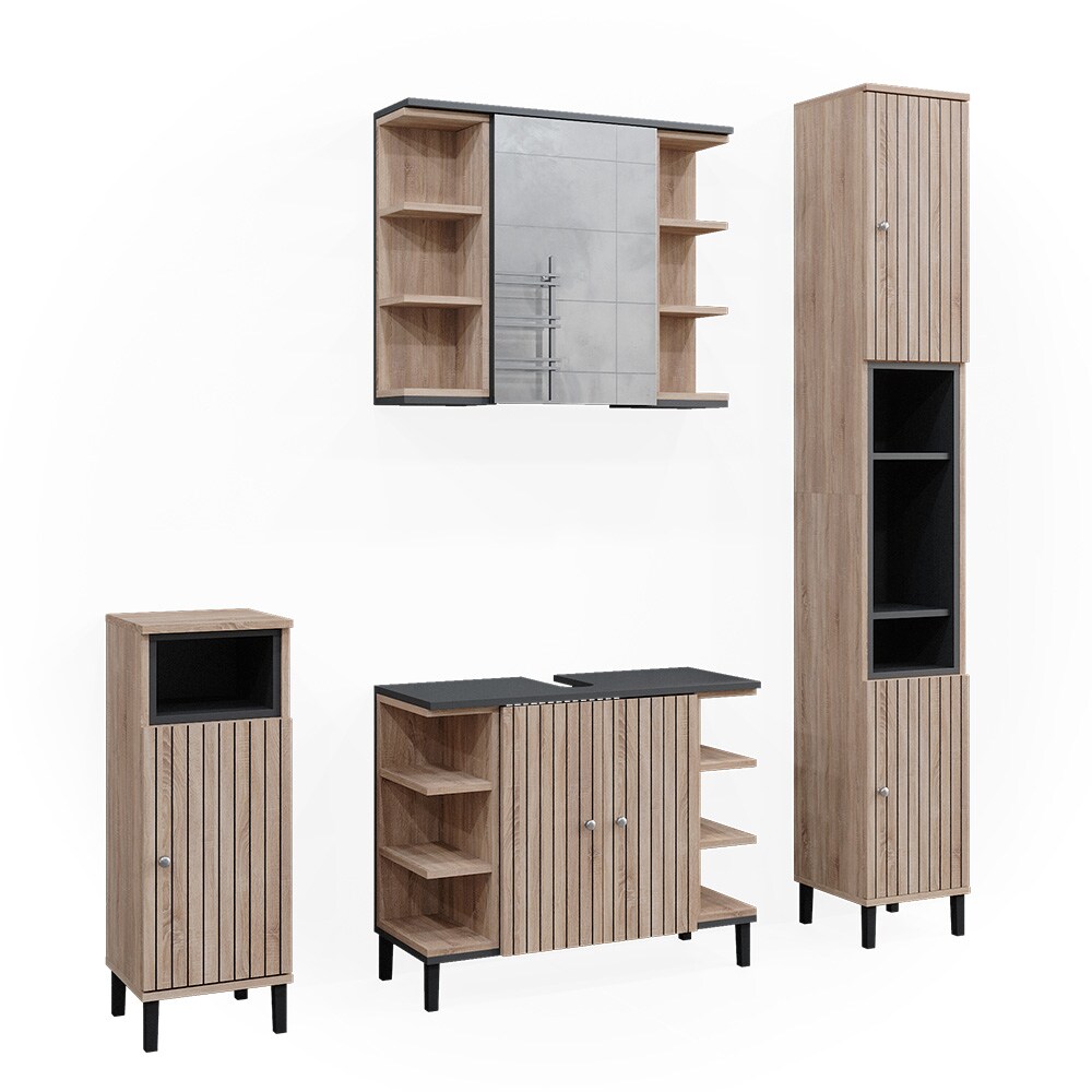 Vicco Badmöbel-Set Aquis, Sonoma Anthrazit, Badezimmer, moderne Badserie, Waschtischunterschrank, Spiegelschrank, Midischrank, Hochschrank