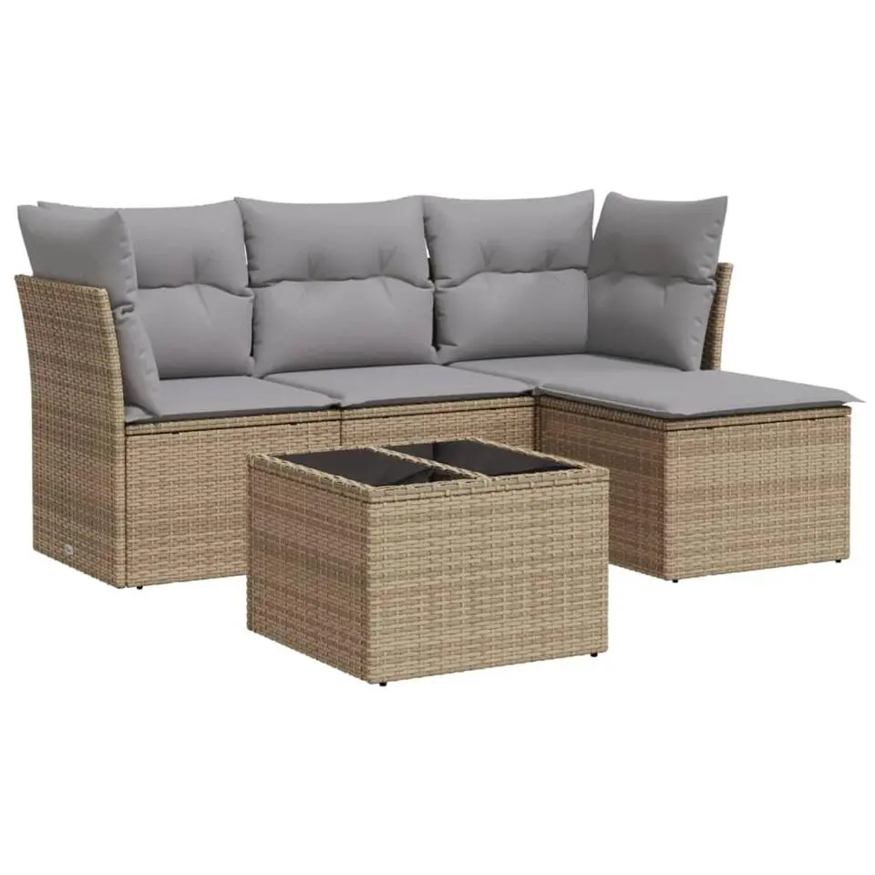 vidaXL - Loungeset - Beige - Poly rattan - 5 stuks - Met kussens