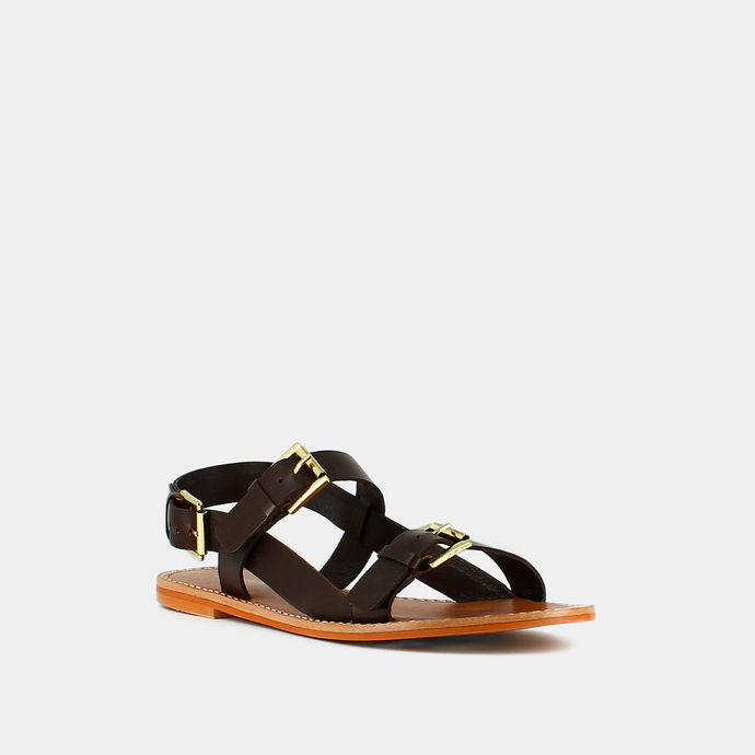 Sandales à boucles dorées  en cuir marron foncé