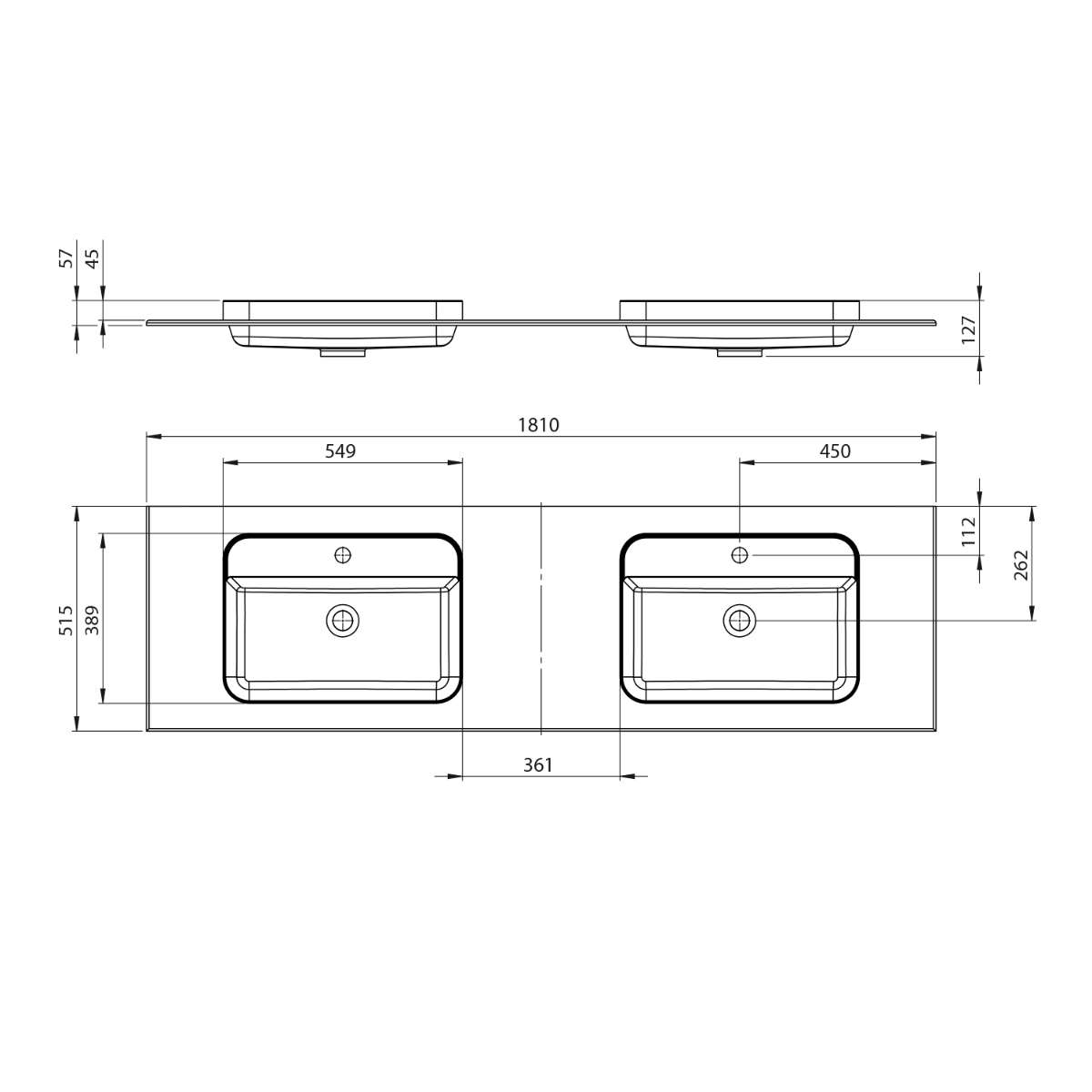 Sapho Brahea dubbele wastafel 180x50cm solid surface wit mat met brede rand en kraangat