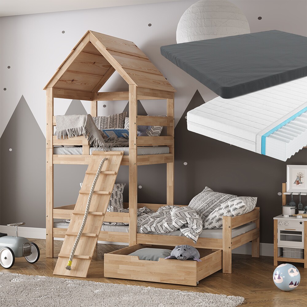 VitaliSpa Spielturmbett Kinderbett Spielbett Teddy Natur modern 208x235 cm Massivholz Kinderzimmer Lattenrost Bett Schublade Matratze Abenteuerbett Kletterbett