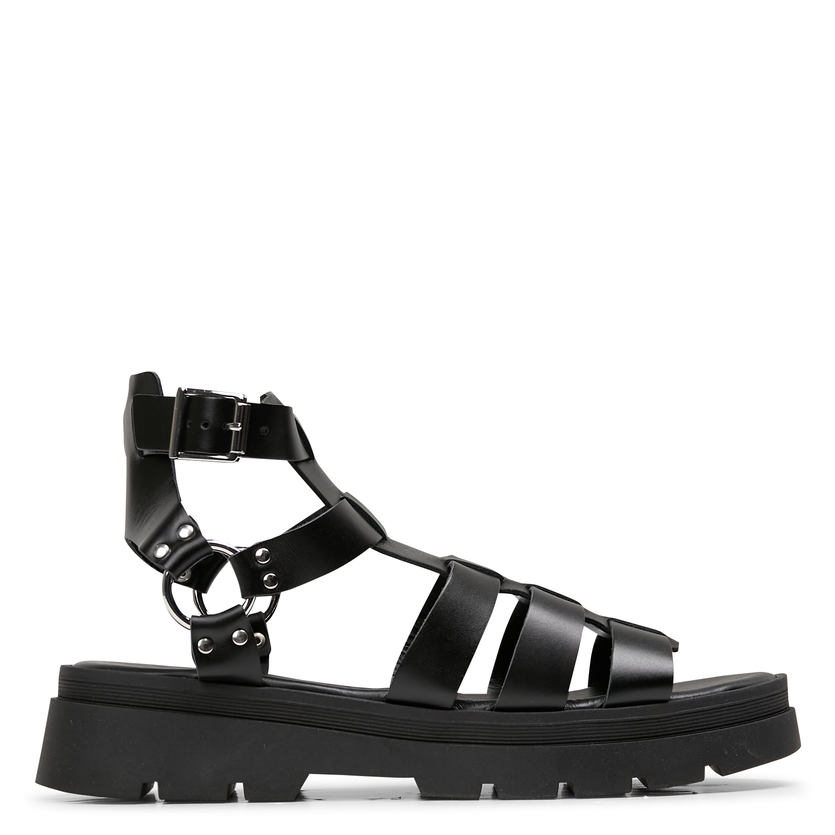 EDNA - Sandales montantes crantées en cuir| Noir