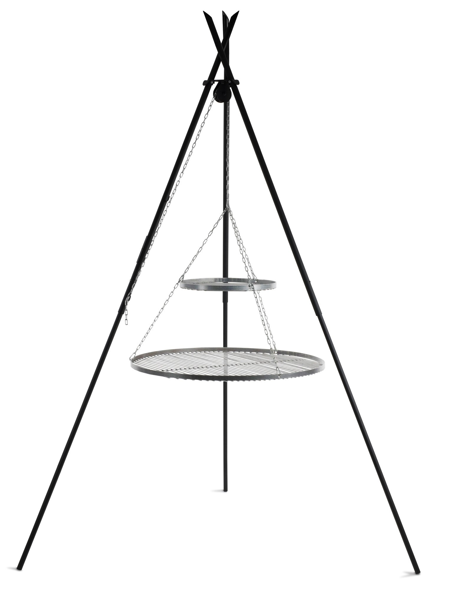 Premium Schwenkgrill „TIPI“ 210 cm - Doppelrost aus Edelstahl 70 cm + 40 cm