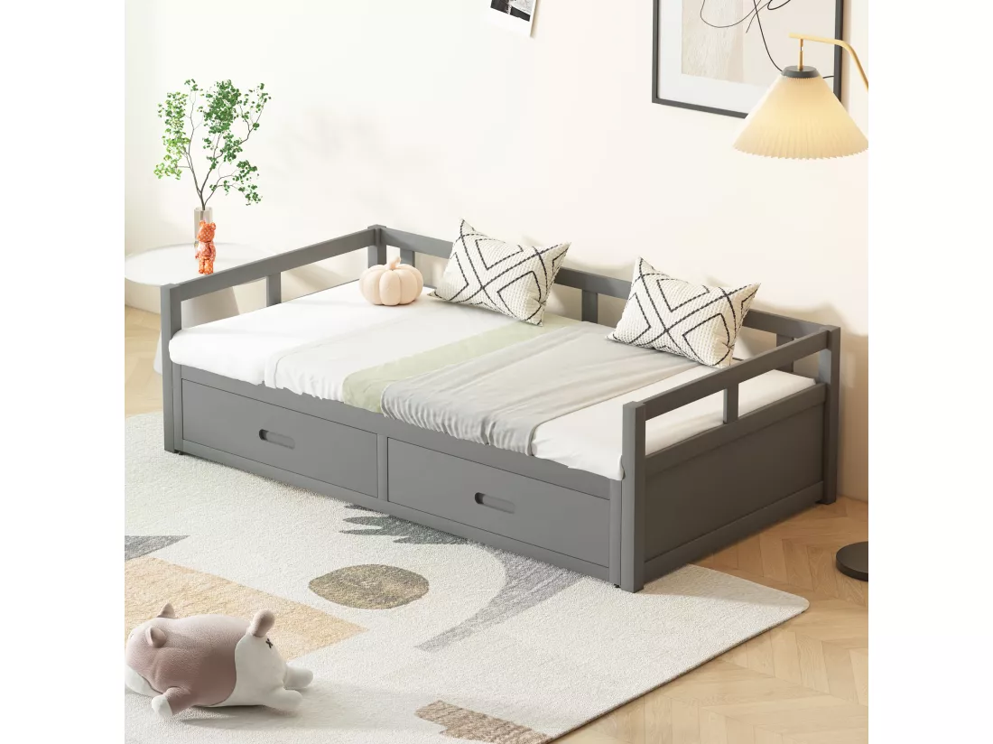 Lit gigogne pour enfant 90 x 200 cm avec 2 tiroirs - lit bébé - cadre en pin - coloris gris