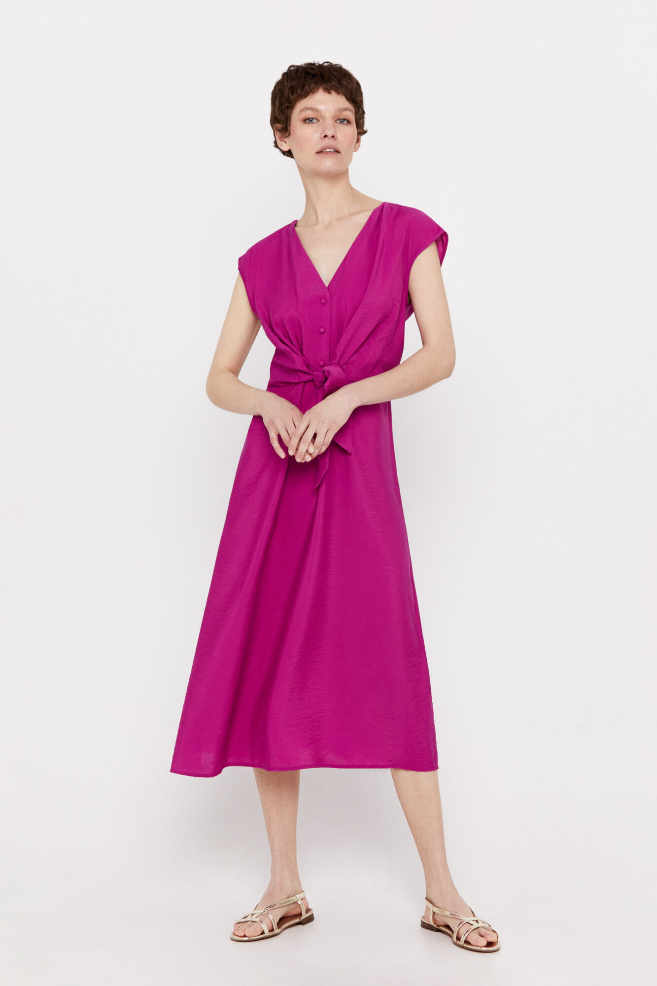 Vestido com faixa na cintura - Fúcsia