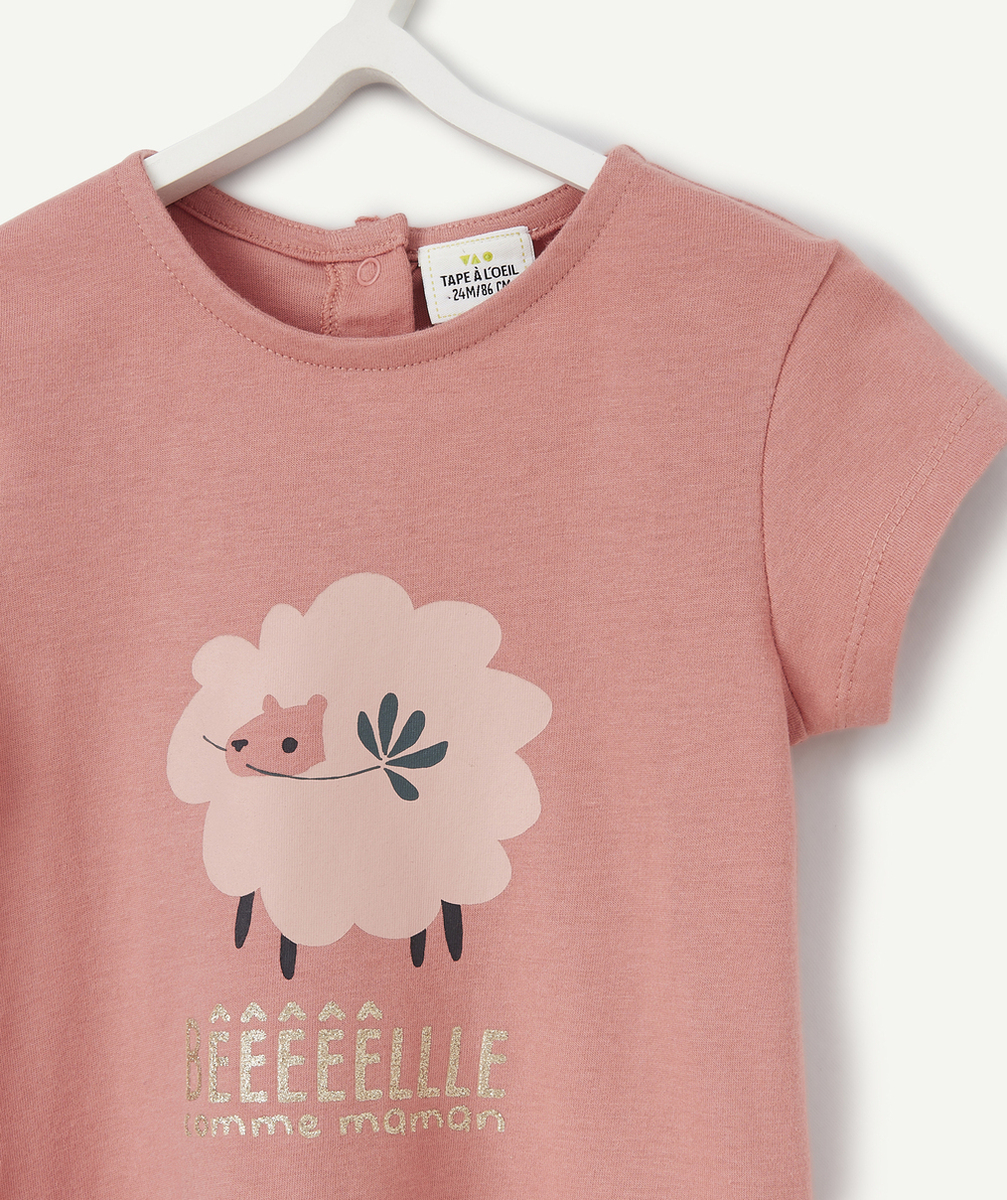 T-SHIRT À MANCHES COURTES BÉBÉ FILLE EN COTON BIO ROSE MOTIF MOUTON