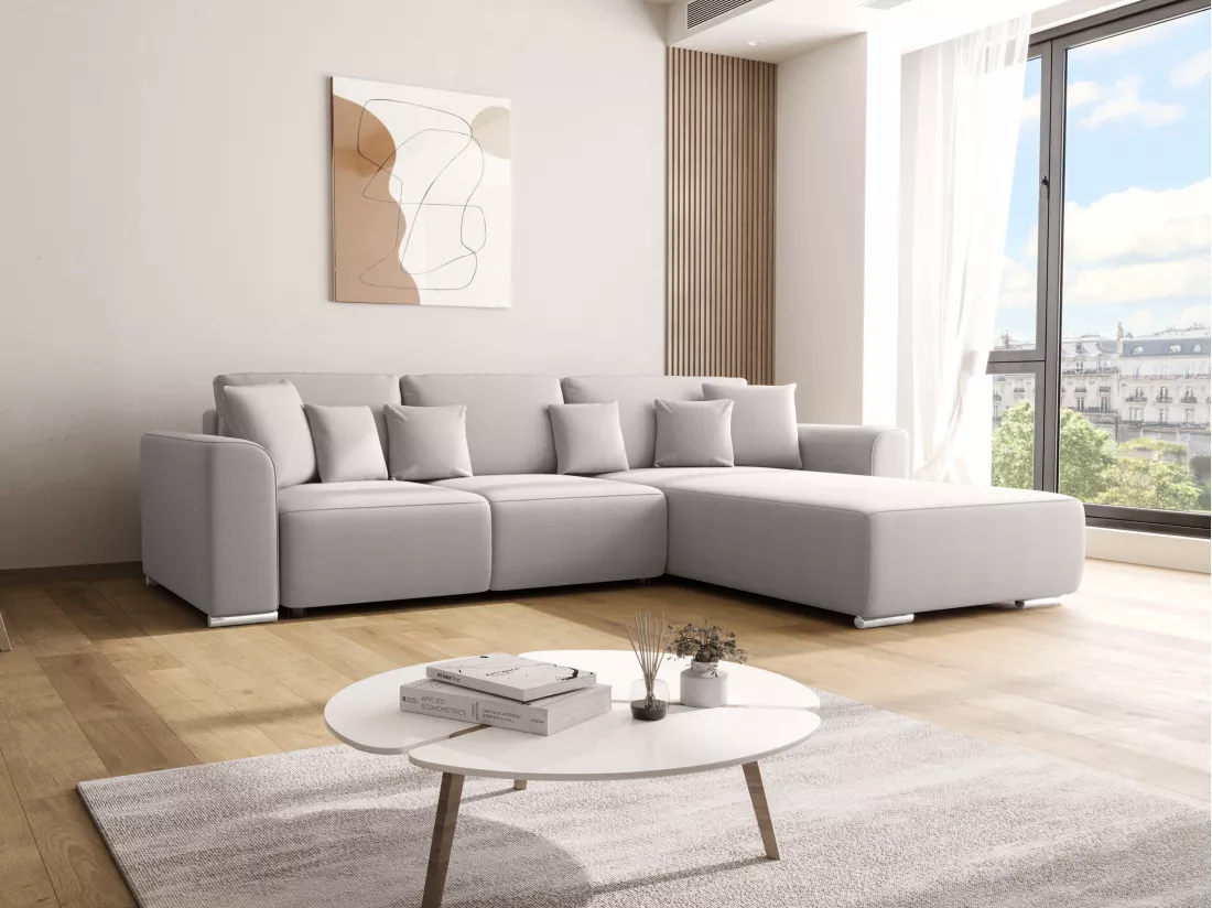 Canapé d'angle convertible et réversible en tissu gris clair MELTANA