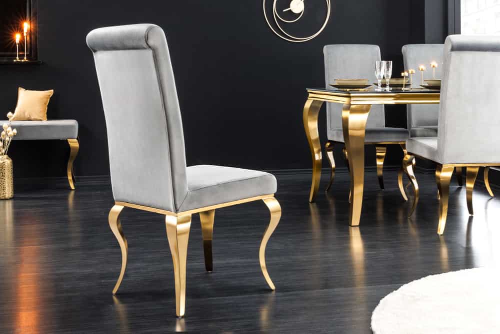 Design Stuhl MODERN BAROCK grau Samt goldene Stuhlbeine