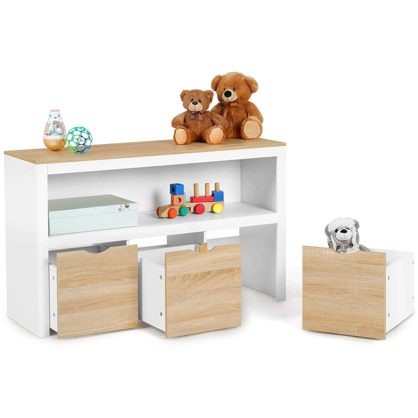Meuble de rangement enfant MANA en bois blanc et hêtre 3 tiroirs cubes sur roulettes