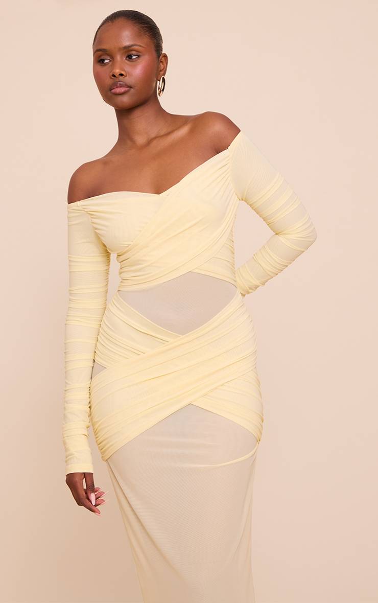 Citron Robe Longue Froncée À Superposition En Mesh Avec Décolleté Bardot