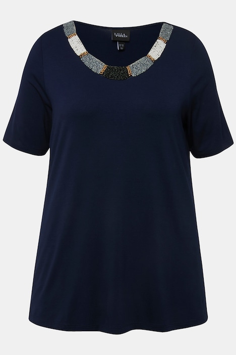 T-Shirt, Perlenstickerei, A-Linie, Rundhals, Halbarm
