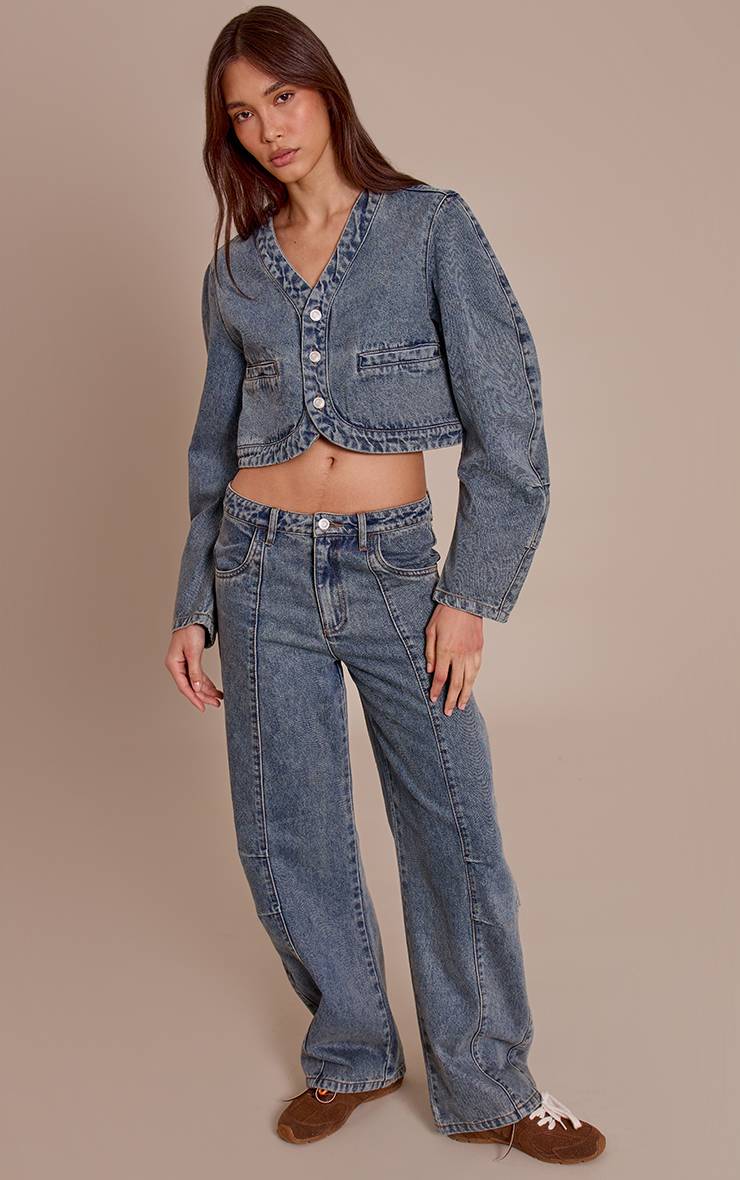 Vintage Veste En Jean Courte À Col En V Et Ourlet Arrondi