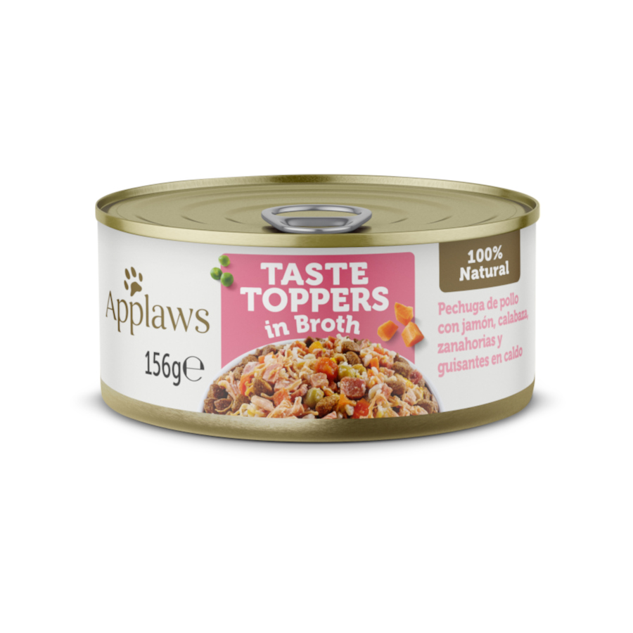 Applaws Taste Toppers, lata de 156g, sabor frango com presunto e legumes em caldo para cães.
