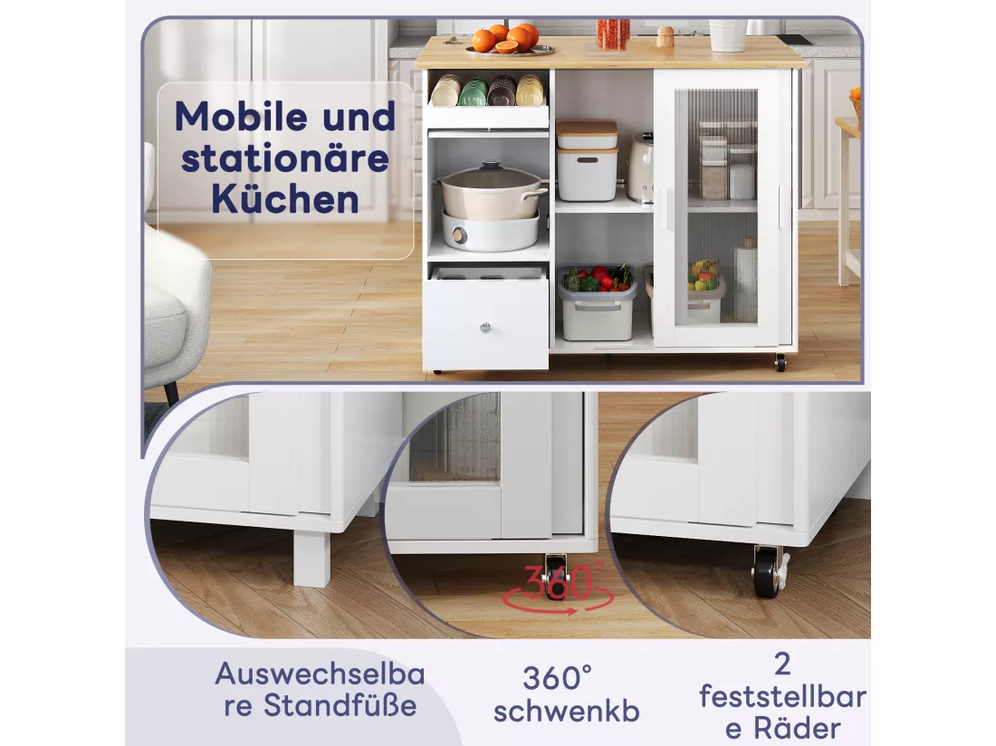 Ilot central de cuisine mobile avec 2 portes coulissantes, 1 tiroir et casier à vin - plateau extensible - 112x46/69x91 cm - MDF - Blanc