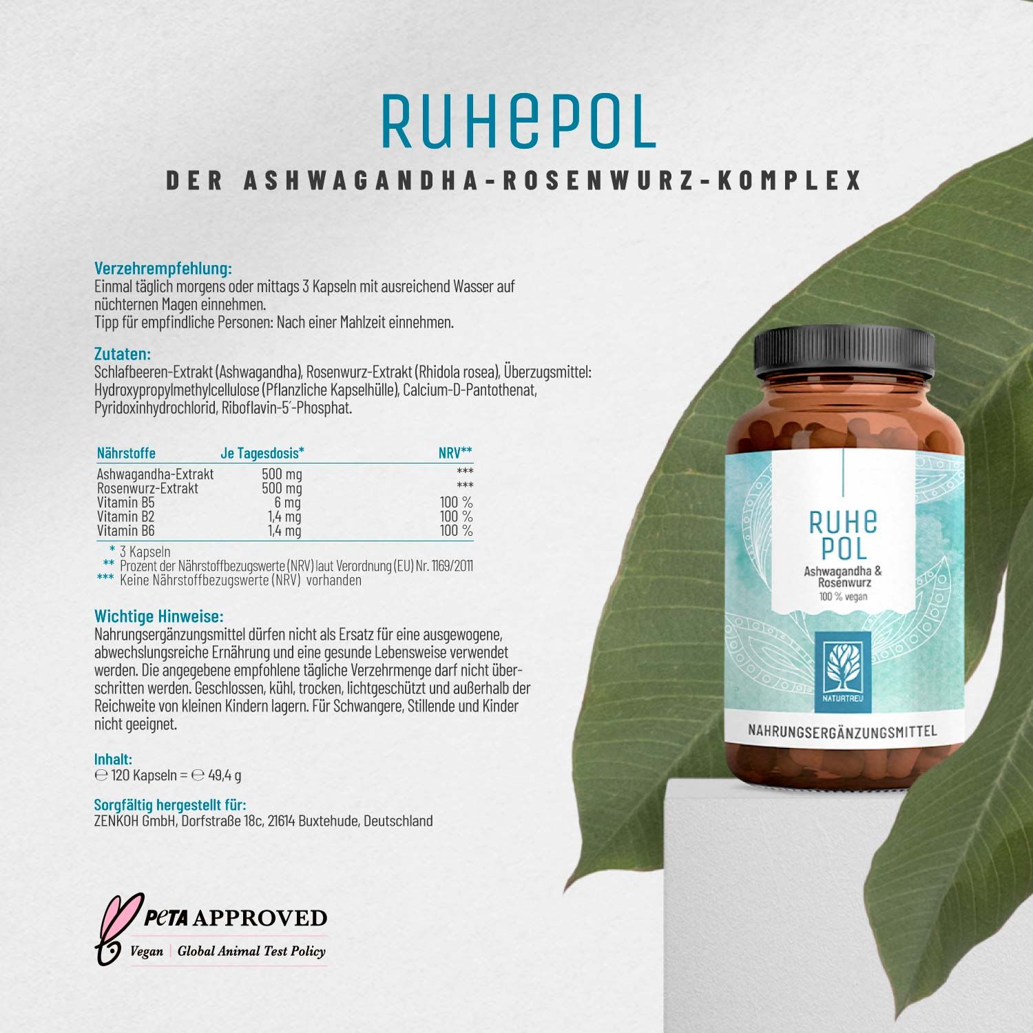 Anti Stress* Komplex mit Ashwagandha & Rosenwurz (Rhodiola Rosea Extrakt) - Ruhepol - NATURTREU®