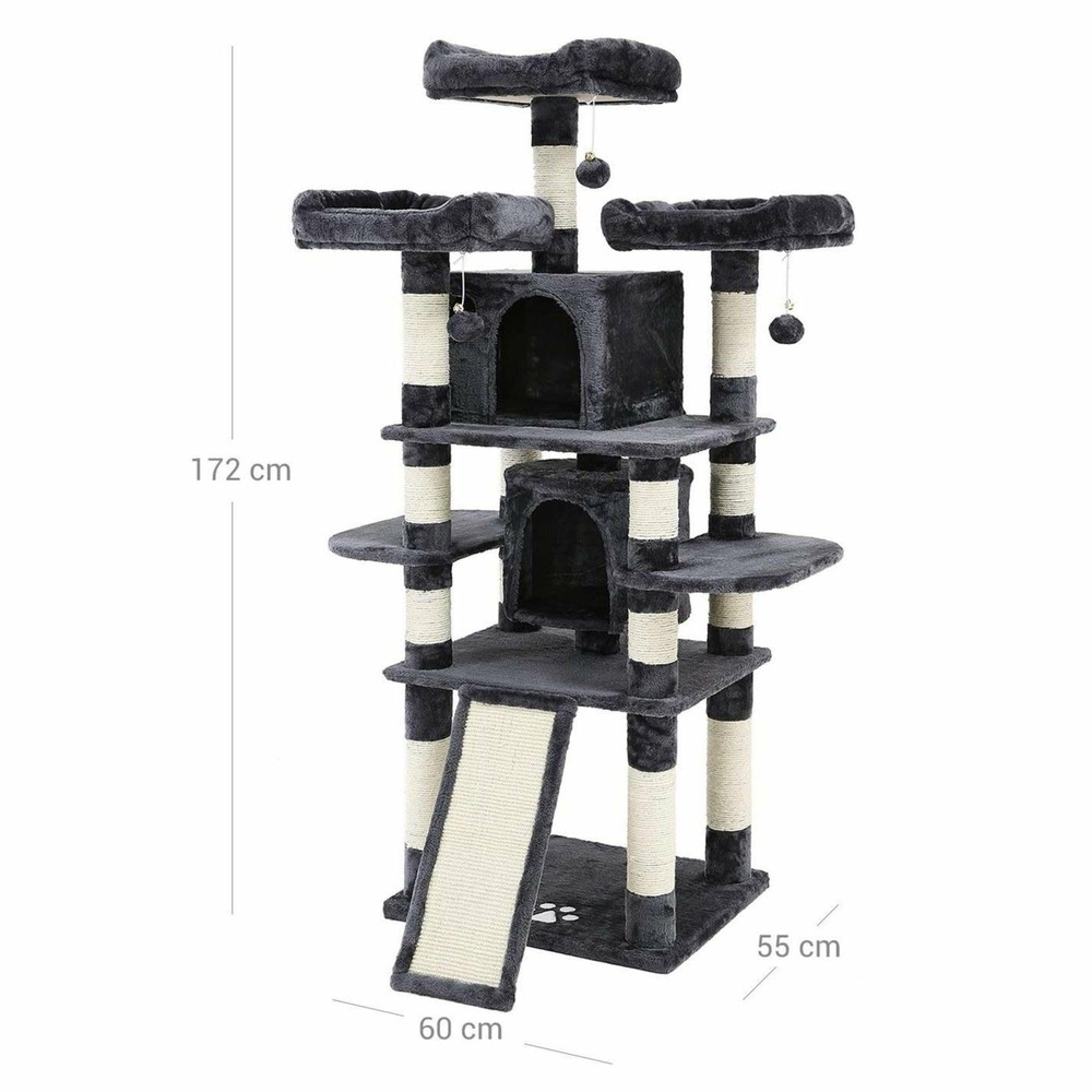 Arbre à chat avec 3 plate-formes d'observation 2 grottes troncs épais en sisal planche à griffer stable hauteur 172 cm gris f