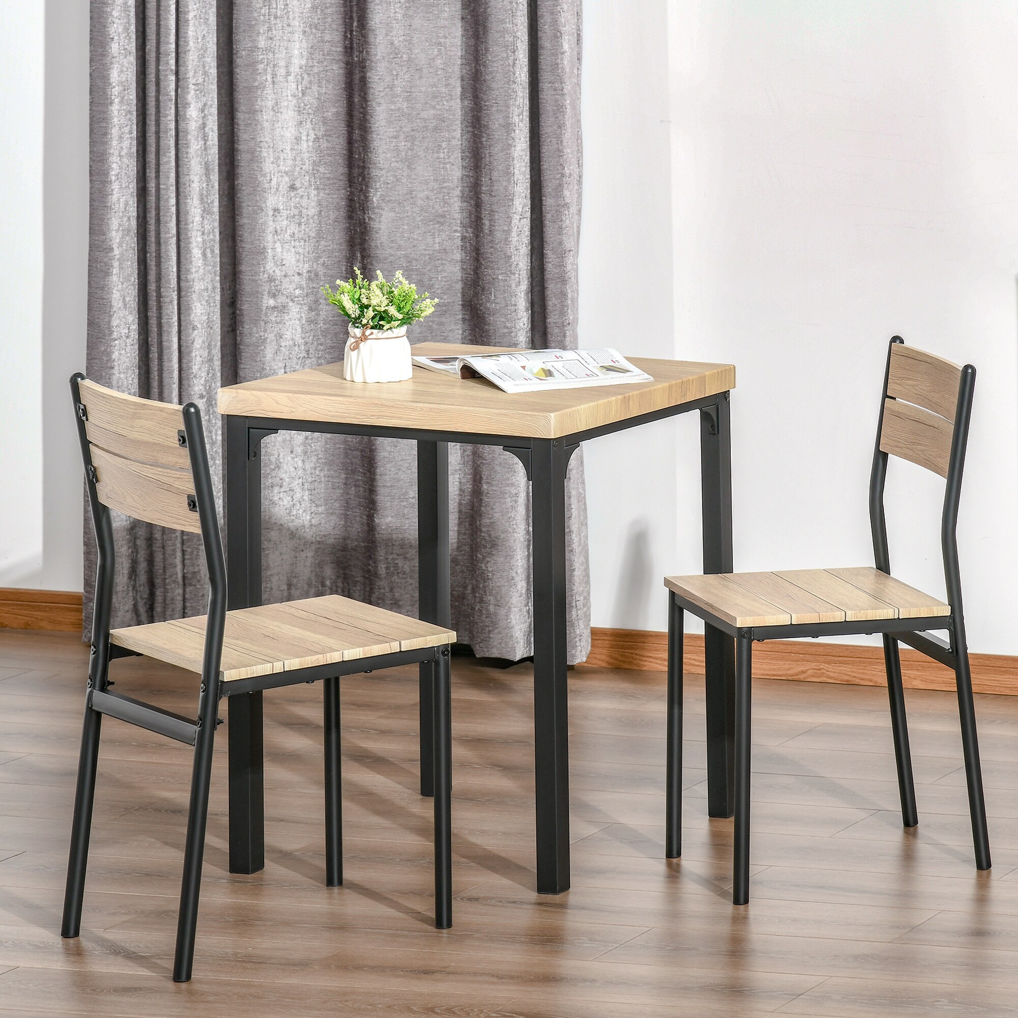 HOMCOM Esstisch-Set mit 1 Tisch + 2 Stühlen Naturholzoptik, schwarz