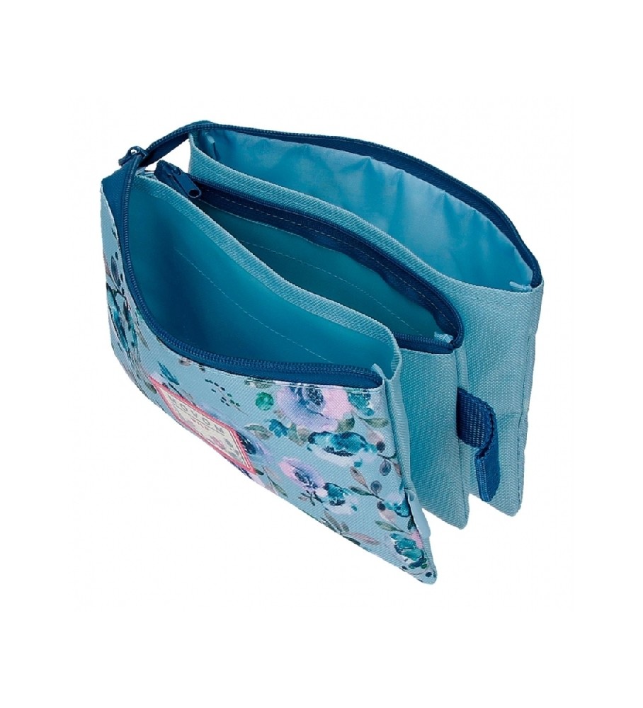 Estojo para lápis Movom Wild Flowers com três compartimentos - Azul - 22x12x5cm -