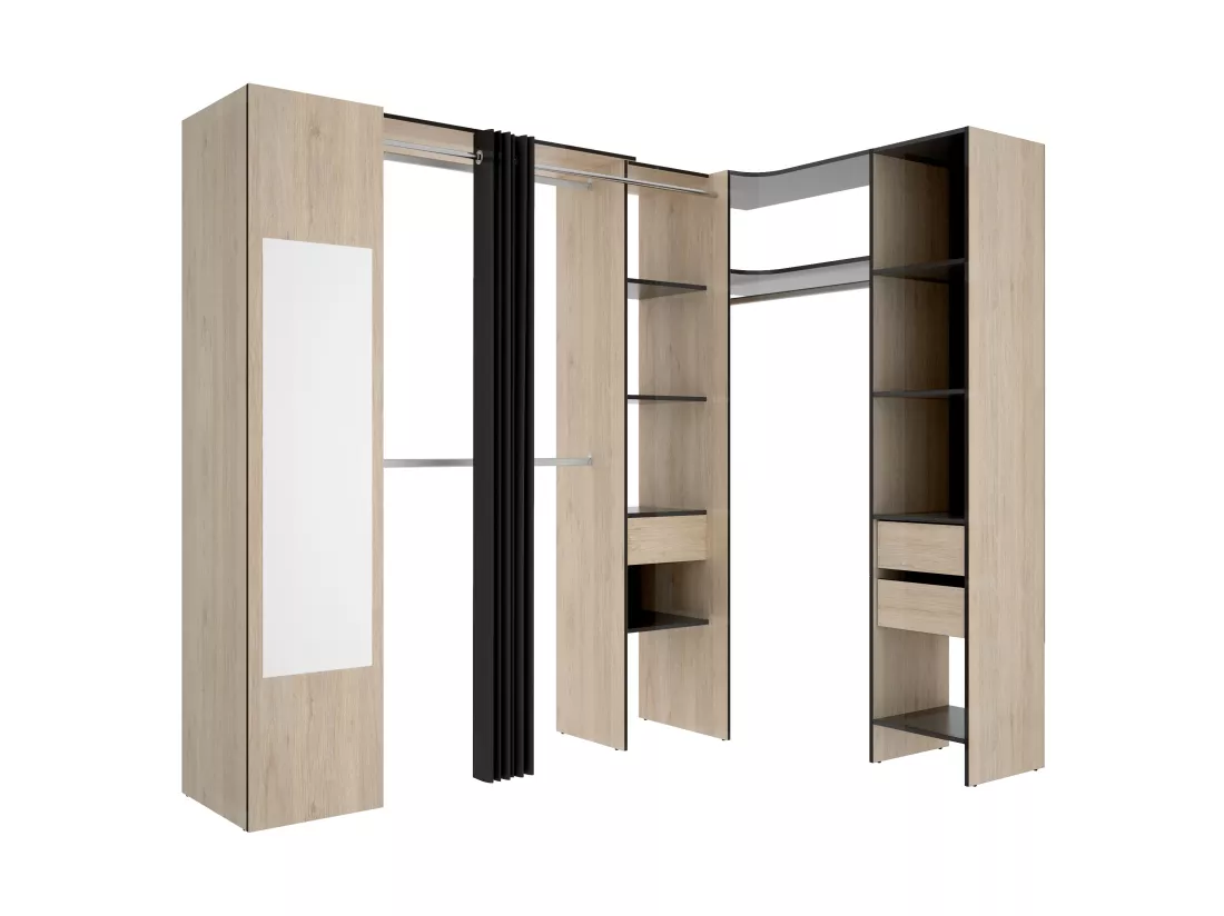 Dressing d'angle avec rideau et 1 porte - Avec miroir - L231 cm - Coloris : Naturel et anthracite - BERTRAND