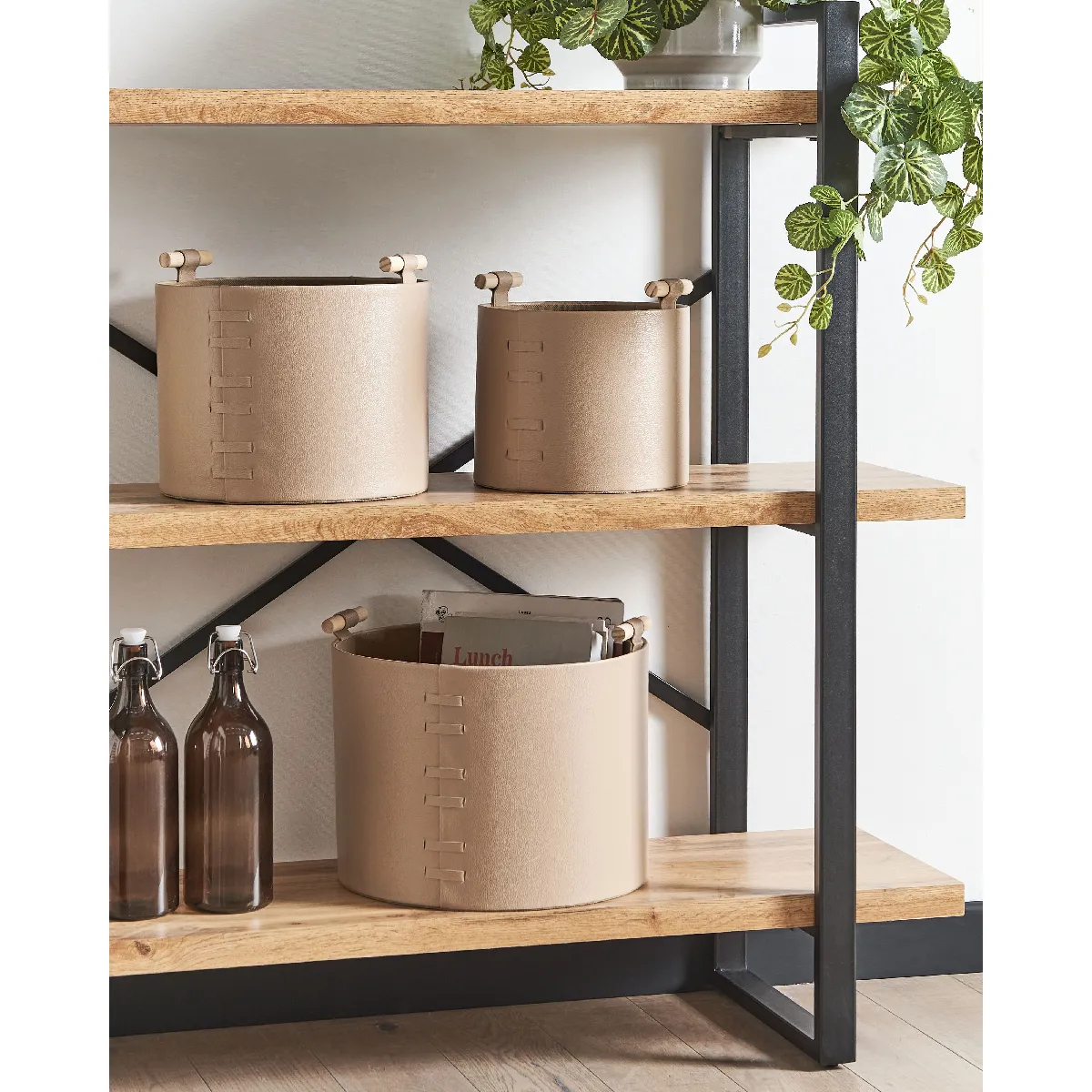Beliani ARAM - Lot de 3 paniers en cuir PU beige