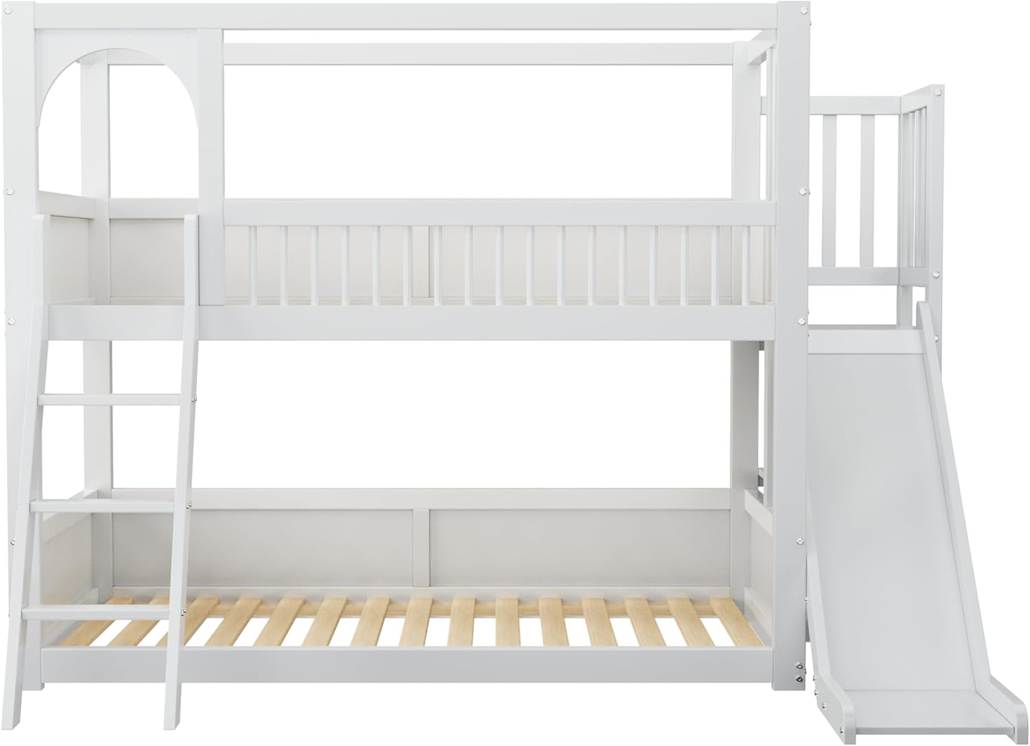 Merax Etagenbett 90x200cm mit Rutsche, Kinderbett mit Regal & Sicherheitsleiter, Hochbett mit Stauraum, für Jungen, Mädchen, Weiß (Ohne Matratze)