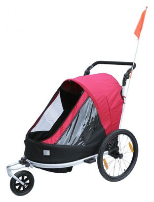 Remorque velo enfant - poussette couverte 2 places en alu maxi 36kg colori rouge avec roues 20  -fixation axe de roue - livre avec roue avant et poignee frein - pliable sans outil -