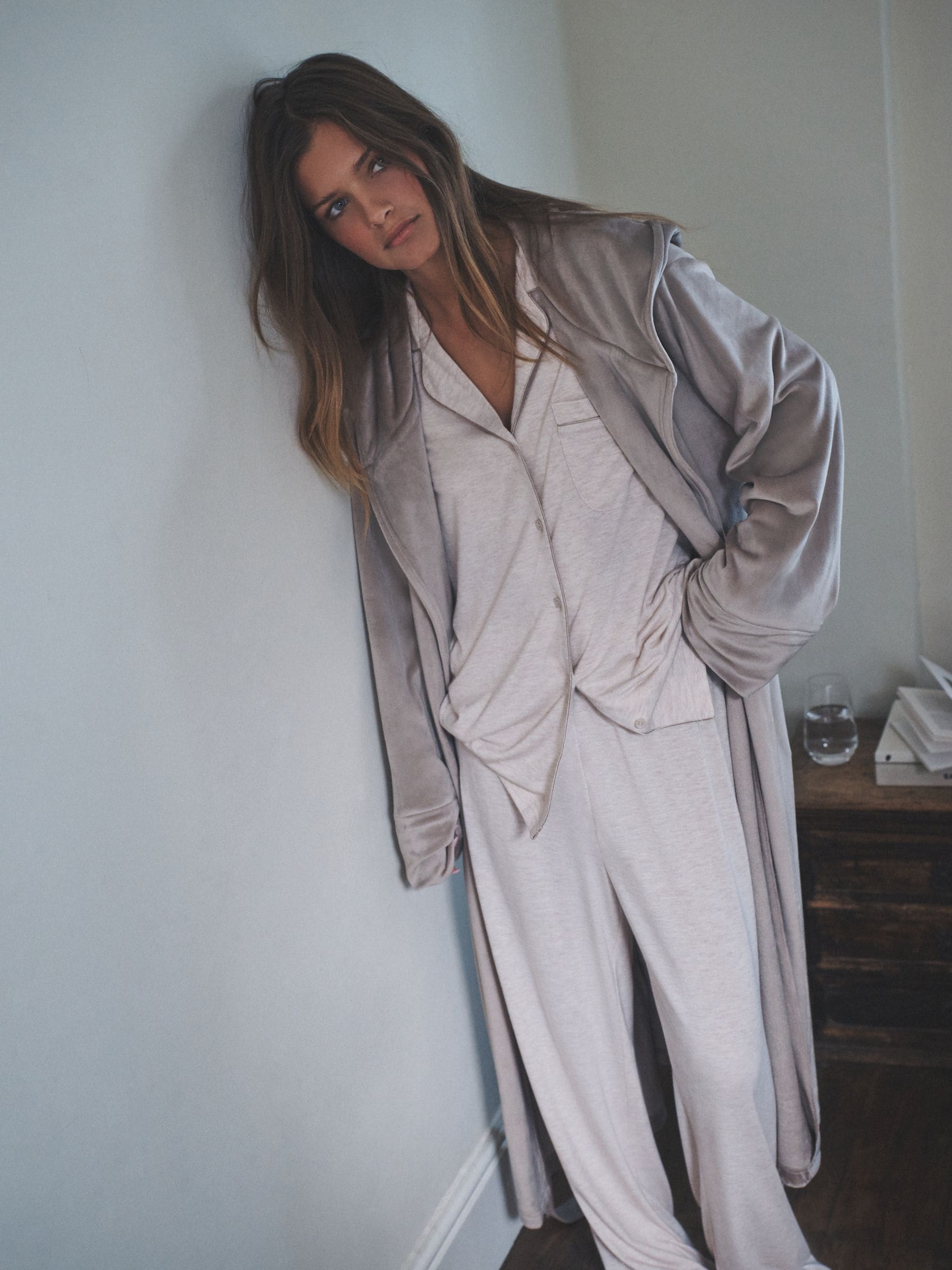 Moutkleurig - The Set 2 Pack Viscose Blend Dressing Gown and Button Through Long Pyjamas with Piping
