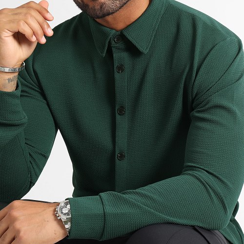 Chemise Manches Longues Texturé Waffle 0577 Vert Bouteille
