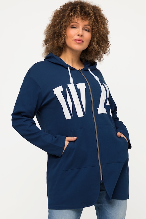 Long-Sweatjacke, Schriftmotiv, Kapuze, Knotenband