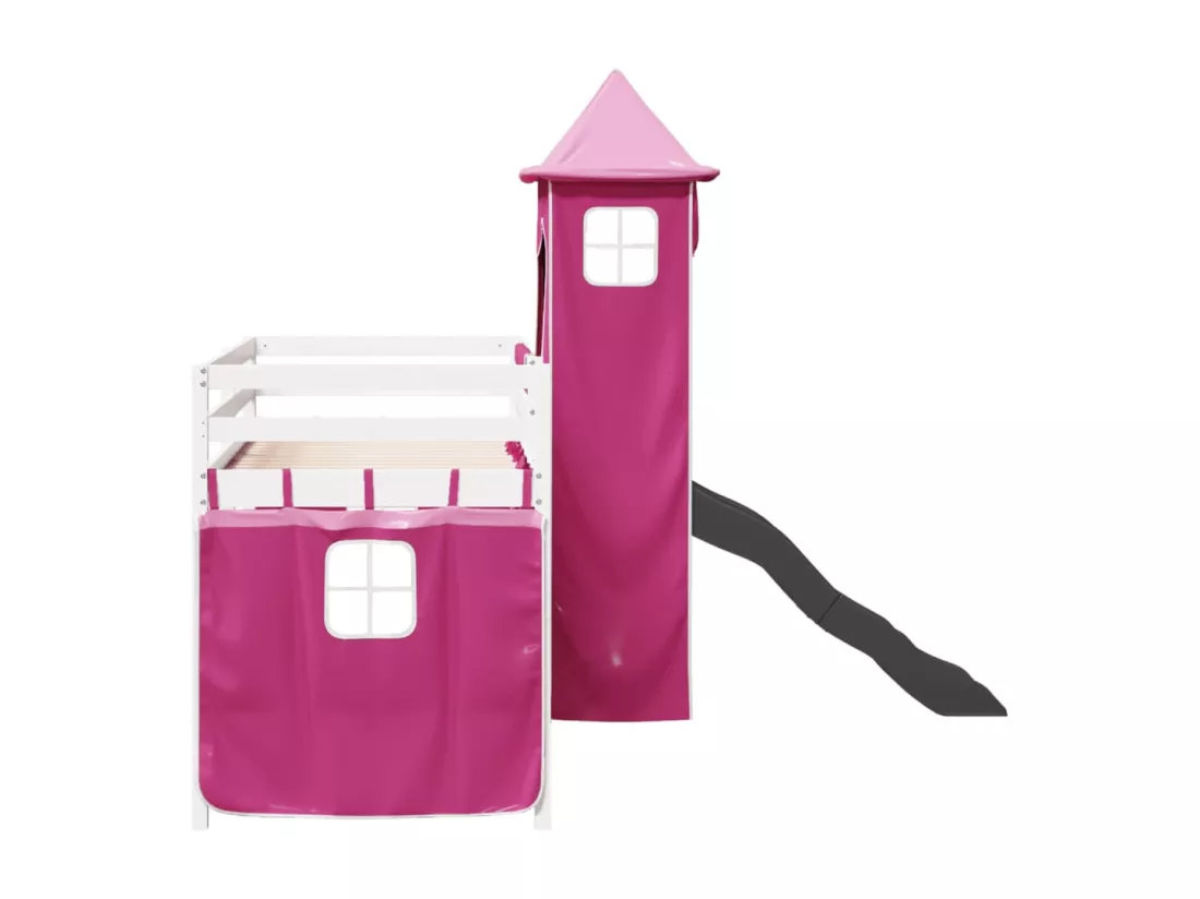 Lit mezzanine enfants avec tour rose 90x200 cm bois pin massif