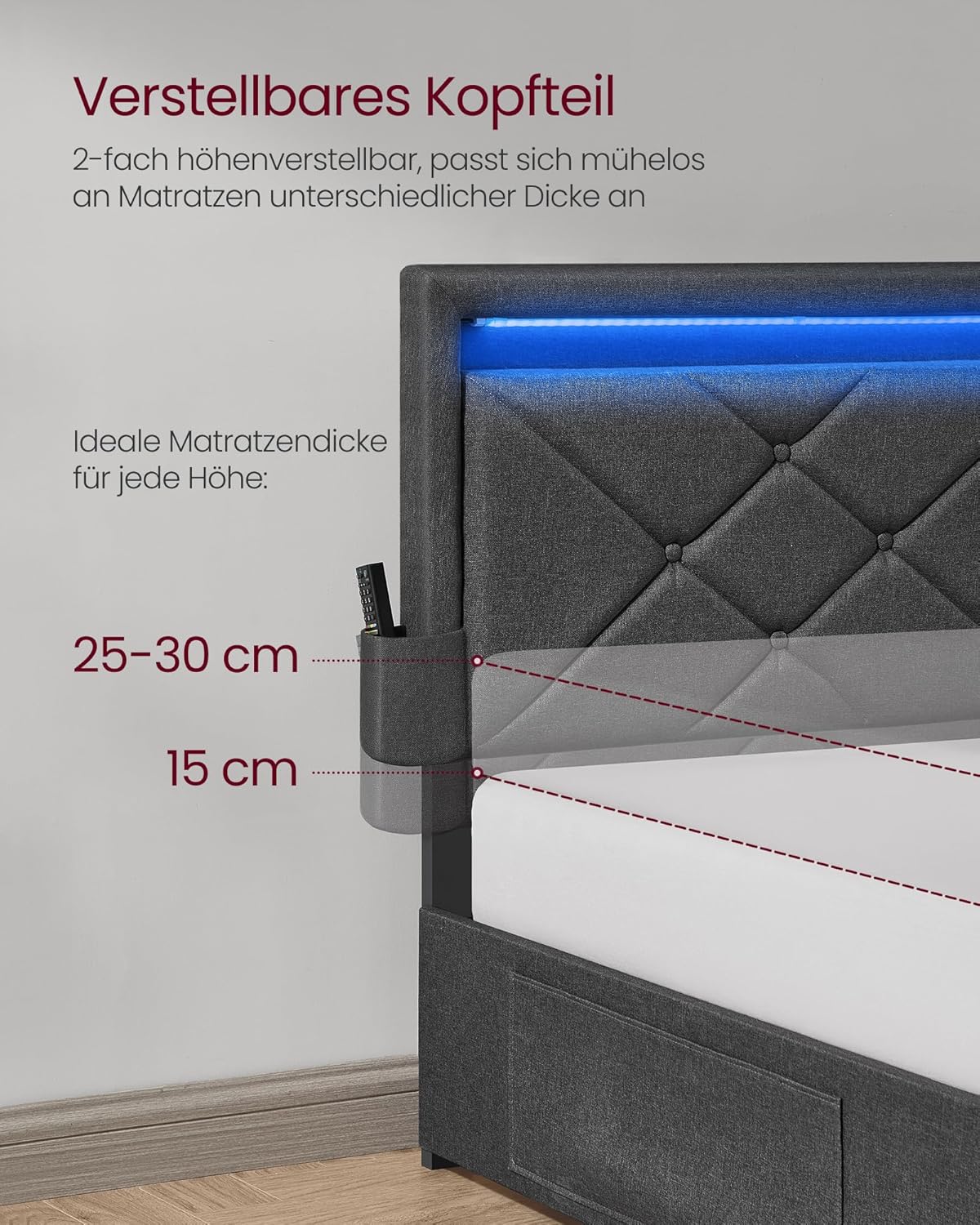 VASAGLE Doppelbettgestell, Bettgestell, passend für 140 x 200 cm Matratze, LED, Metallbett, 4 Schubladen, Ladestation, verstellbares gepolstertes Kopfteil, schiefergrau RMB827G02