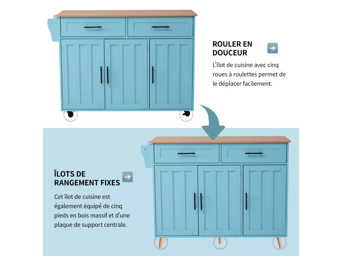 Desserte de cuisine 129x46x91.5cm, chariot de salle à manger, plan de travail pliable, armoire de rangement, bleu