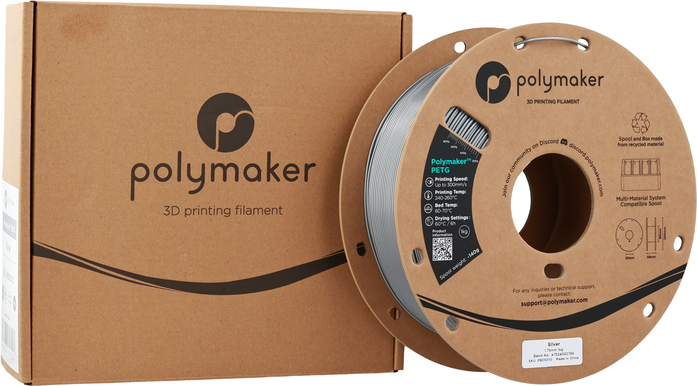 Polymaker  PETG Silver, 1,75 mm / 1000 g    Robustes PETG optimiert für High Speed Druck in Silver