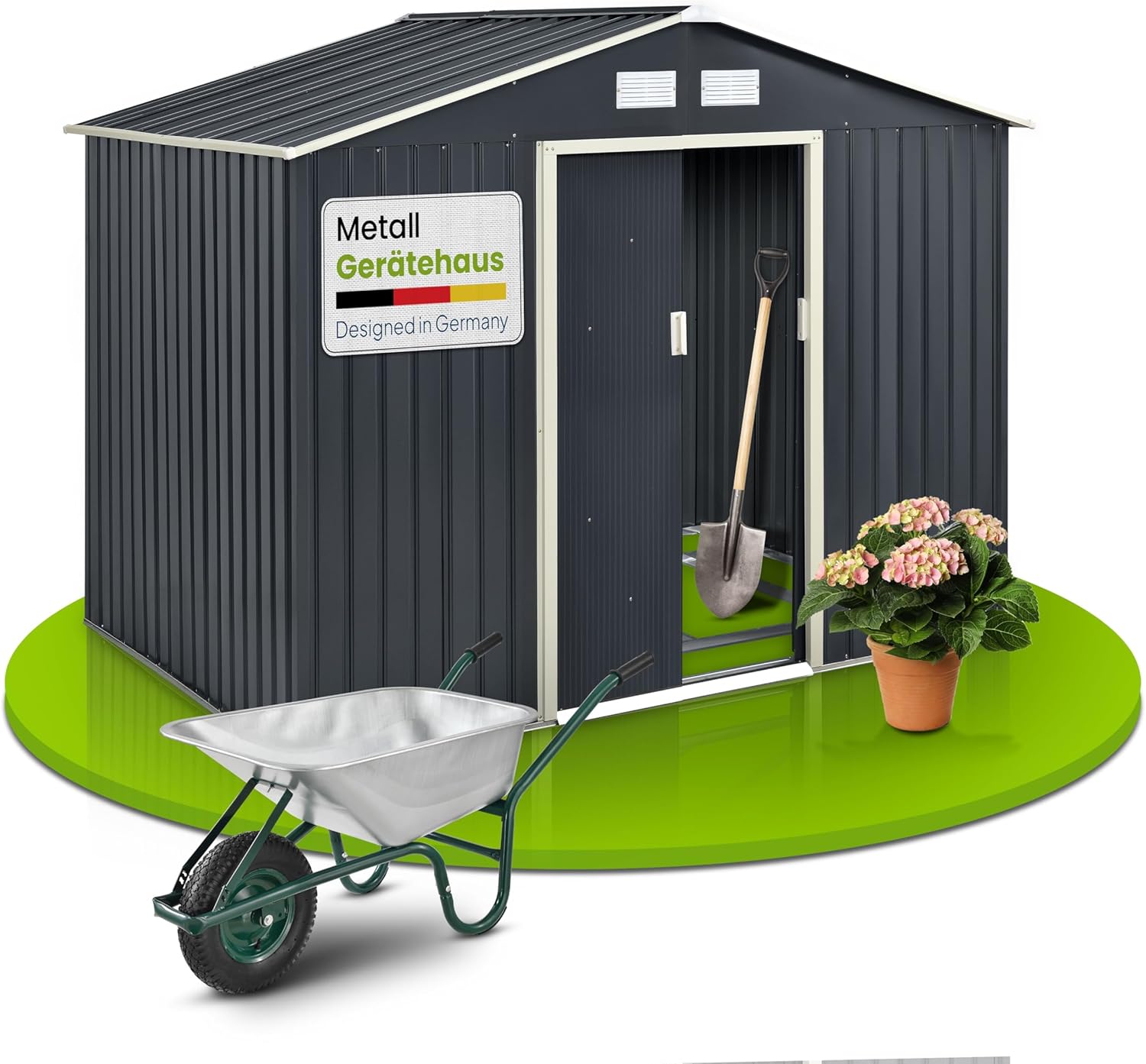 Juskys Metall Gerätehaus XL 9m³ mit Satteldach, Schiebetür & Fundament - 277 x 191 x 192 cm - anthrazit - Geräteschuppen Gartenhaus Metallgerätehaus