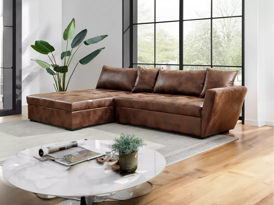 Canapé d'angle gauche convertible en microfibre vieillie marron ROMANE II