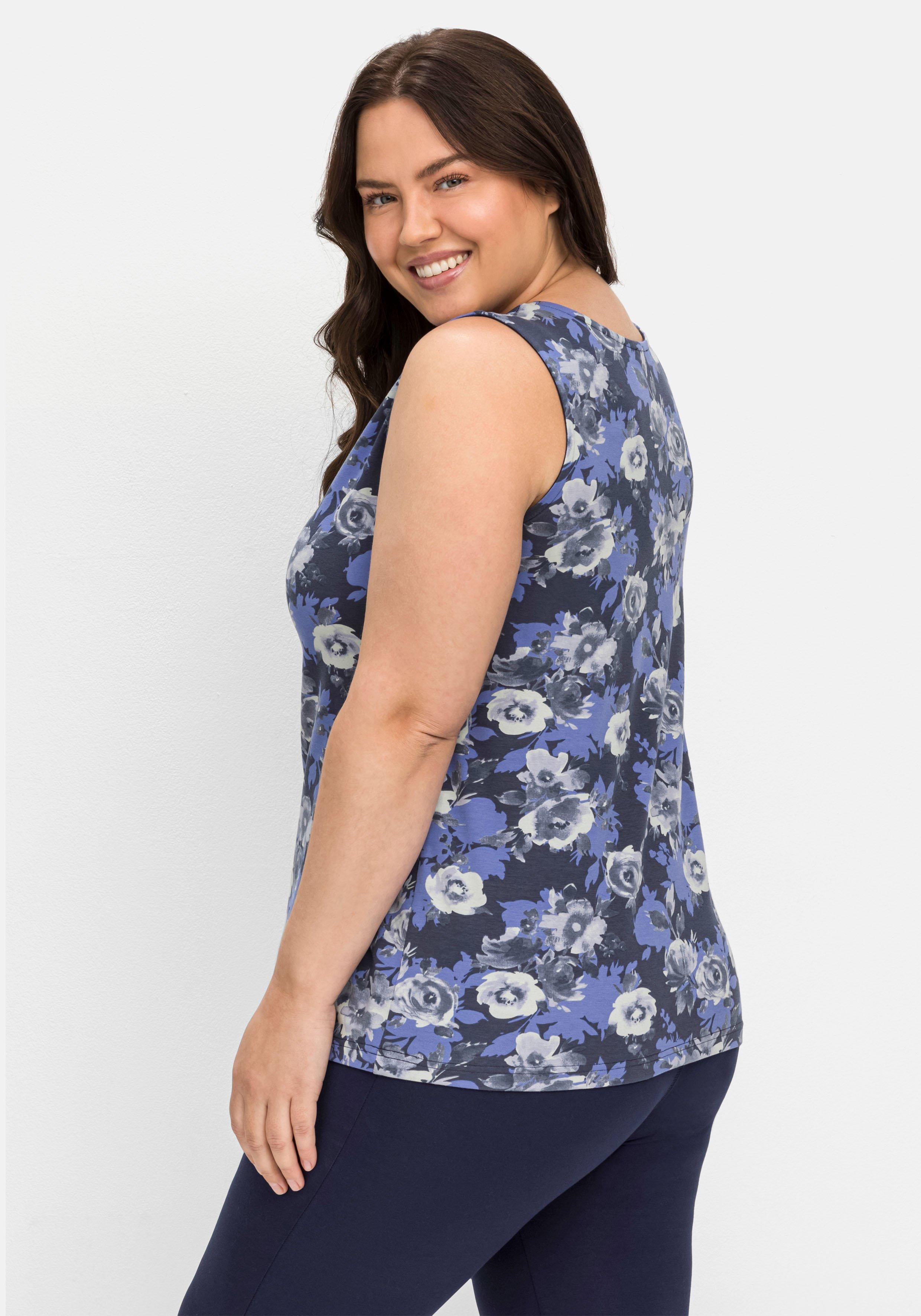Jerseytop mit Blumendruck und Zierknopfleiste