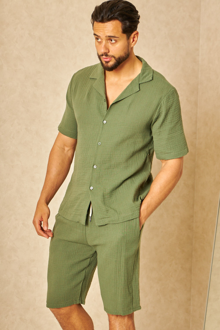Ensemble 2 pièces chemise + short effet lin kaki