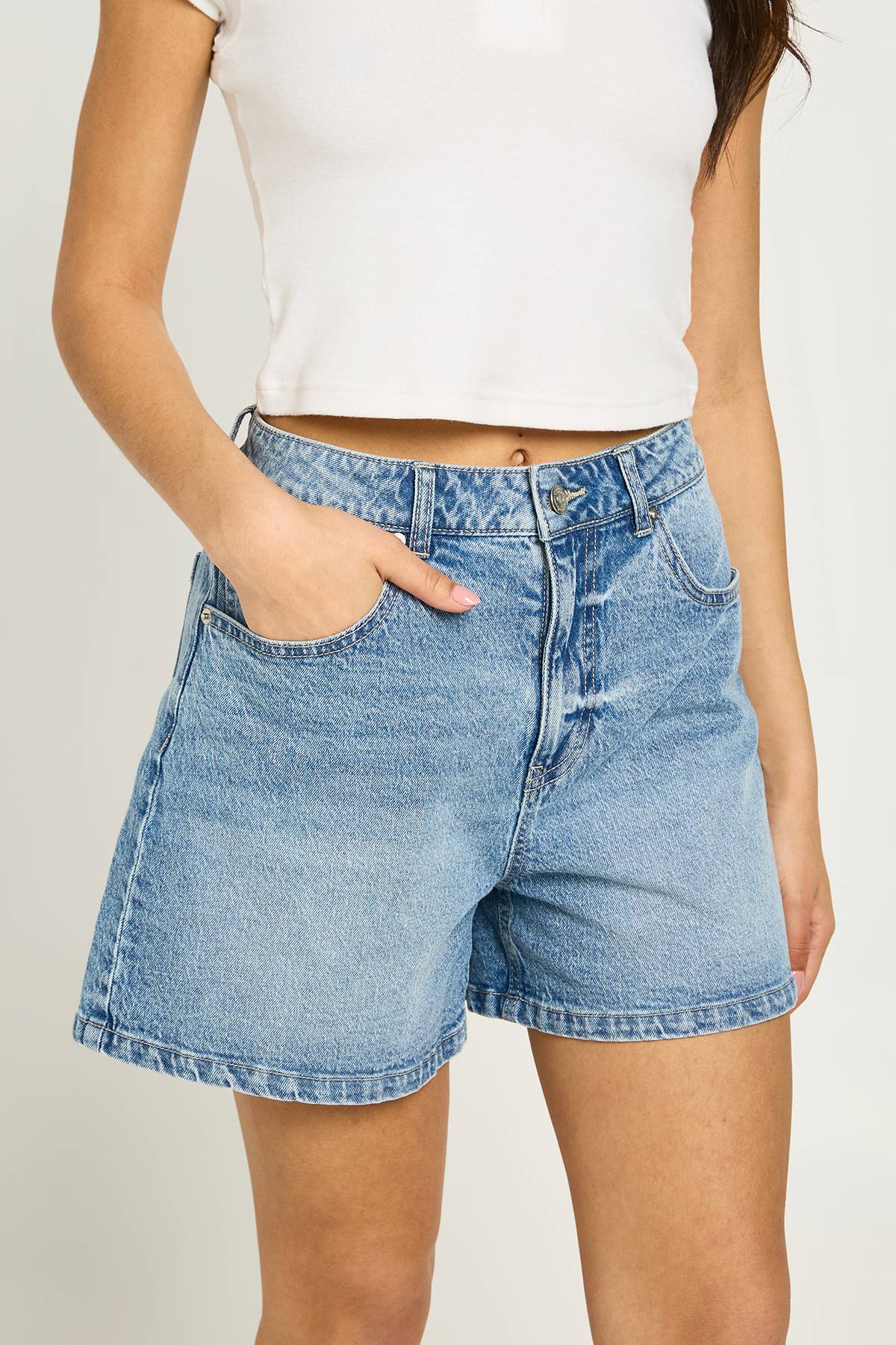 boohoo Petite Denim Mom Short