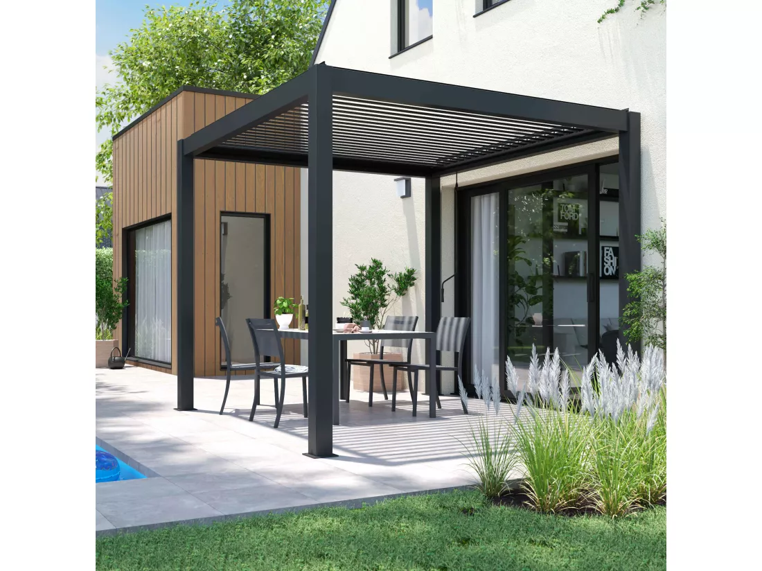 Pergola bioclimatique autoportée 3x3m et 2 Stores 2,66 X 2,34 m