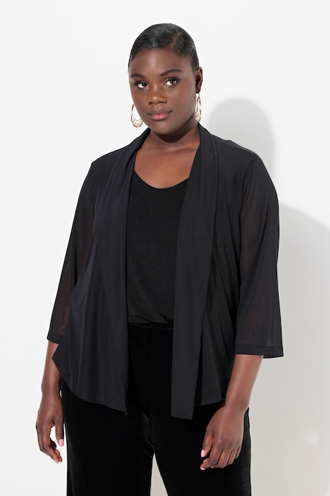 Mesh-Jacke, offene Jacke, Schalkragen, 3/4-Arm