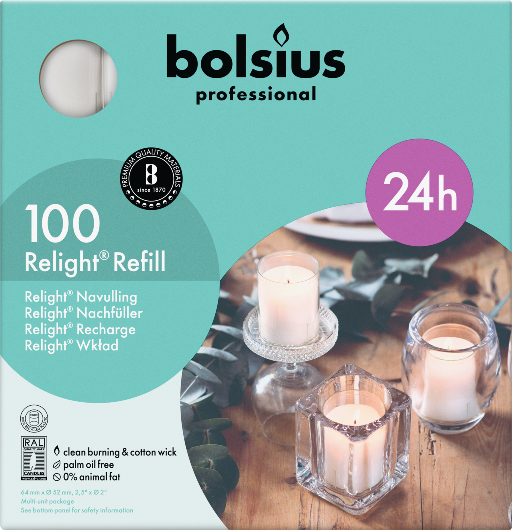 Bolsius Horeca Relight® Navullingen 64/52 Transparant (100 stuks)