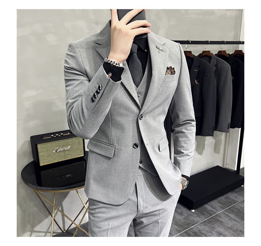 Deepwood - Set: effen enkelrijs blazer + vest + rechte pantalon