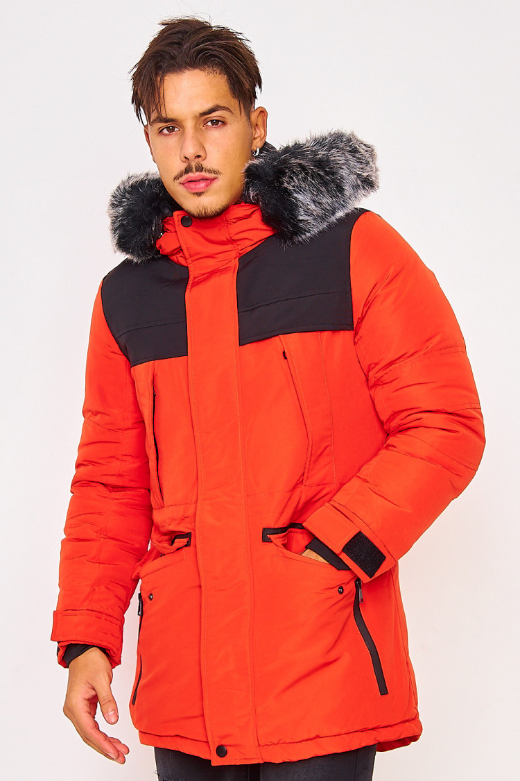 Parka orange/noir capuche à fourrure