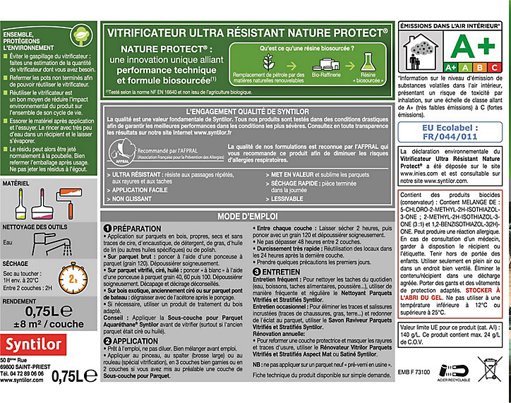 Vitrificateur Syntilor ultra résistant biosourcé Nature Protect chêne satiné 0,75L