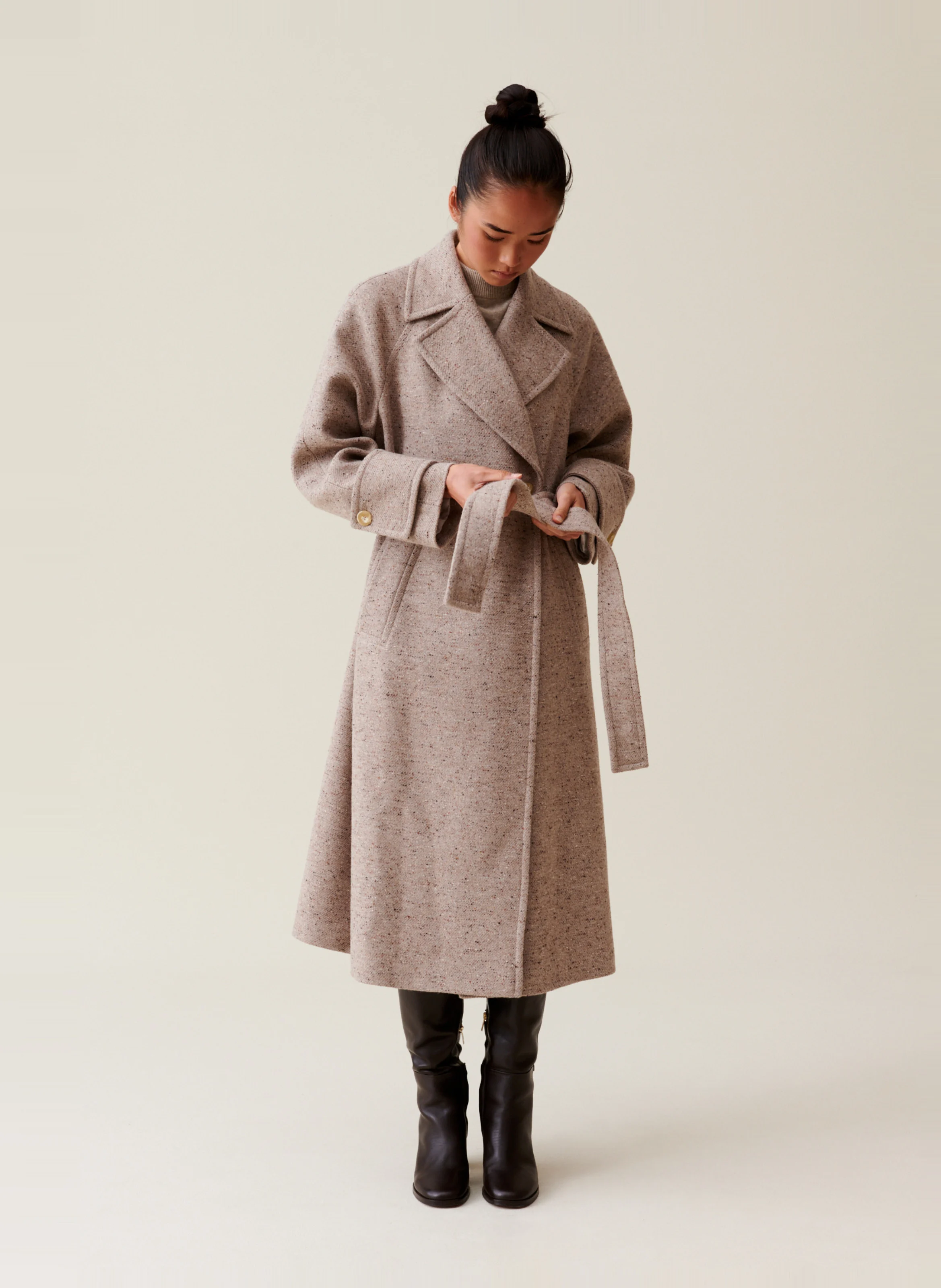 Manteau long col tailleur | Beige