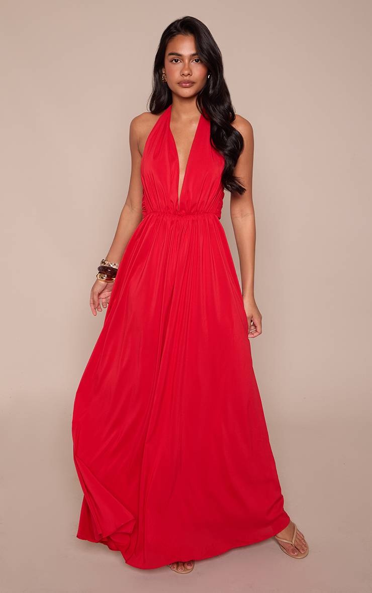 Rouge Robe Longue Fluide En Mousseline À Décolleté Plongeant