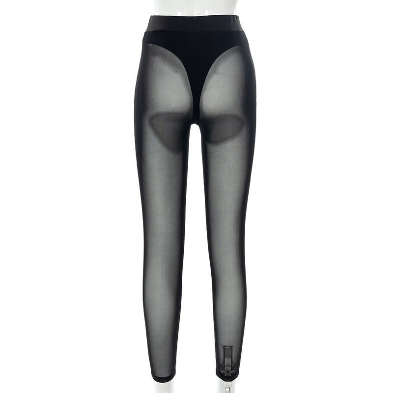 (Gr. M) Transparente High Waist Mesh Pole Leggings Elastische Netz Stretch Hosen - Schwarz