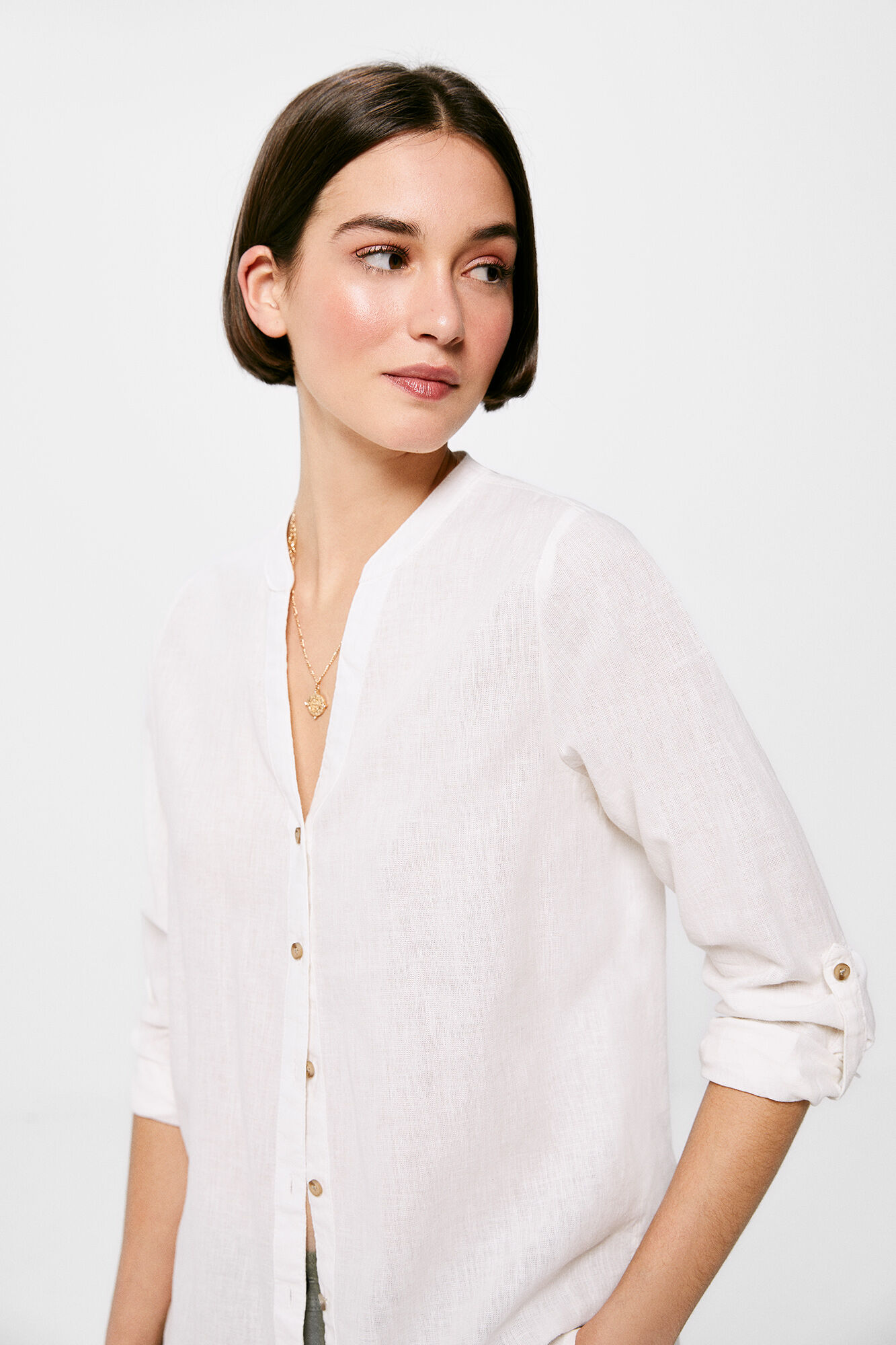 Camisa de linho e algodão com gola Mao - Amarela