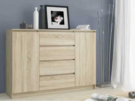 Commode AKORD K140 Chêne Sonoma 138 cm 2 portes 4 tiroirs façade Chêne Sonoma 4 étagères 138x40x99 cm