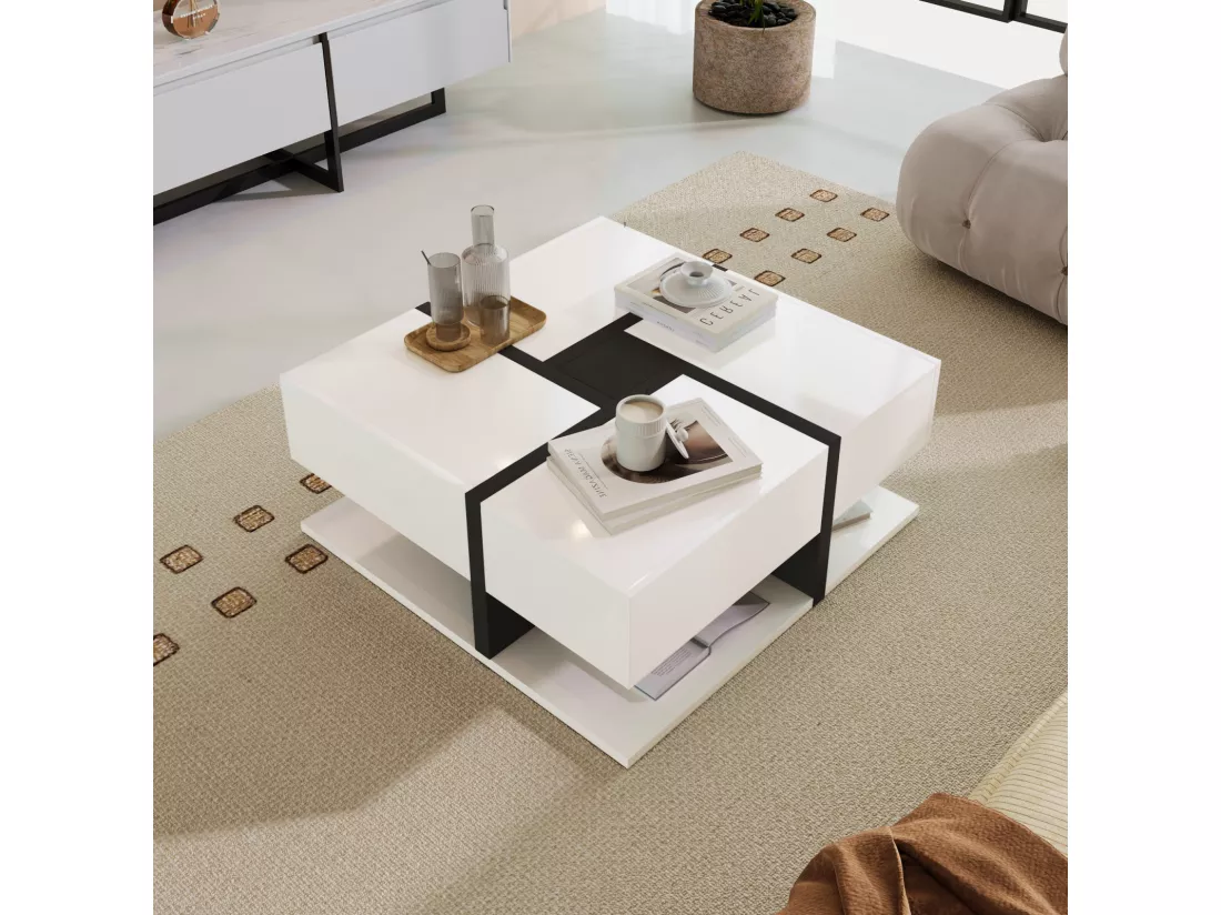 Table basse carrée haute brillance, avec 4 tiroirs, design uniques, espace de rangement en bas, 78x78x36cm blanc